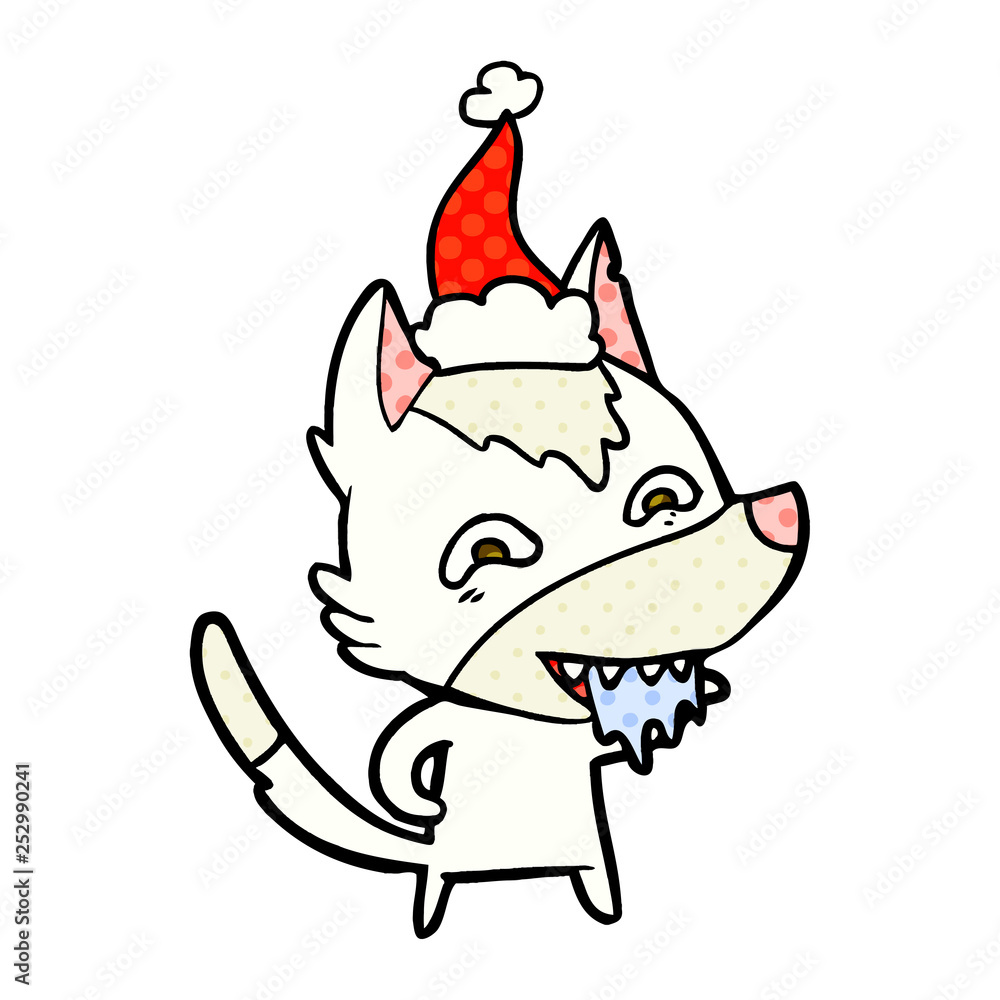 comic book style illustration of a hungry wolf wearing santa hat comic book style illustration of a hungry wolf wearing santa hat