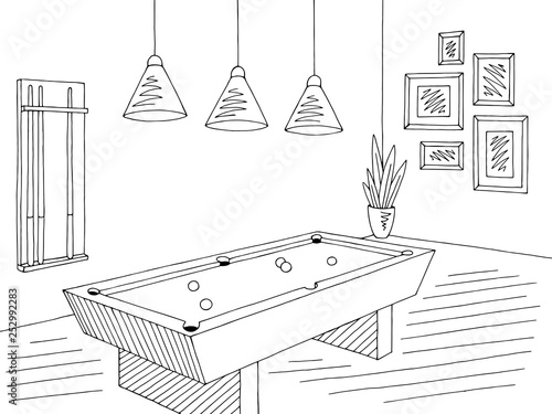 Billiard room graphic black white interior sketch illustration vector