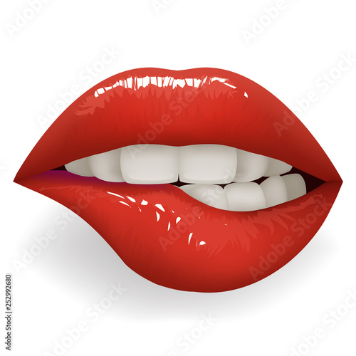 Teeth biting red glossy lips female mouth stylish women lipstick fashion cosmetics mockup isolated on white design vector illustration