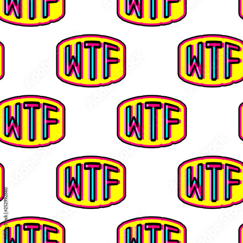 Seamless pattern with patches, badges with words "WTF" isolated on white background. Modern trendy illustration. Quirky funny cartoon comic style of 80-90s. 