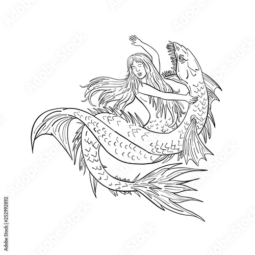 Drawing sketch style illustration of a a mermaid or siren fighting or grappling with a sea serpent or monster on isolated white background in  black and white.