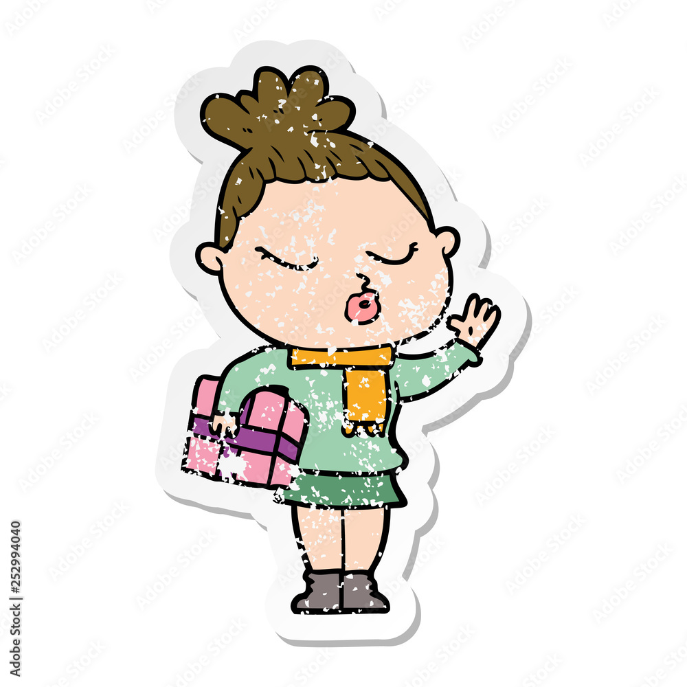 distressed sticker of a cartoon calm woman distressed sticker of a cartoon calm woman