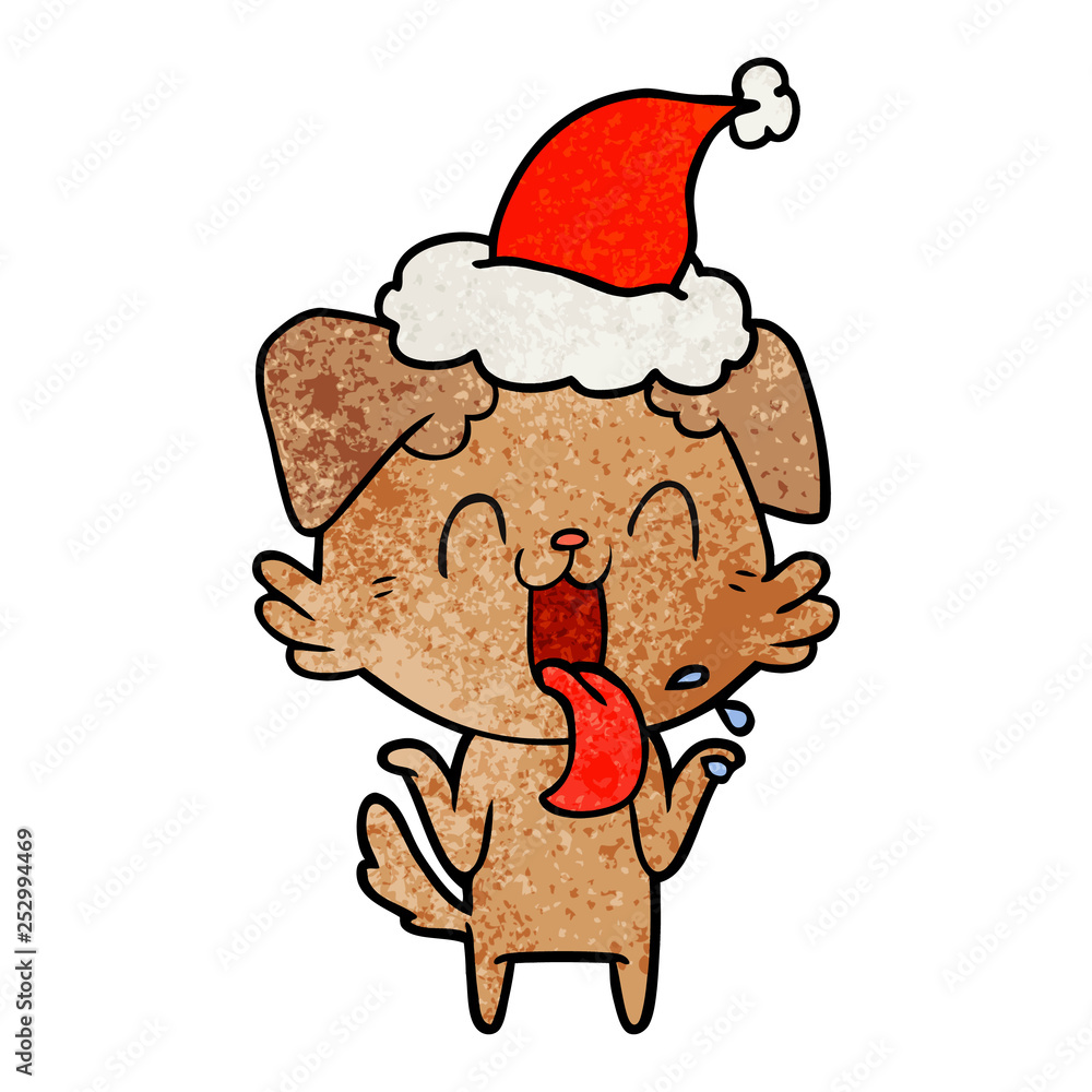 textured cartoon of a panting dog shrugging shoulders wearing santa hat textured cartoon of a panting dog shrugging shoulders wearing santa hat