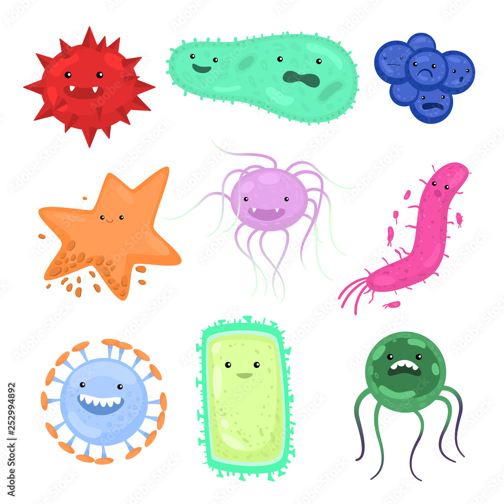 Variety of microorganisms set in different types, colors and shapes isolated on white background