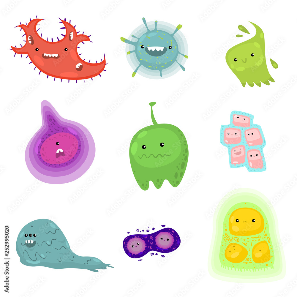 Viruses and bacteria emoticon character set of infection or illness in microbiology against white