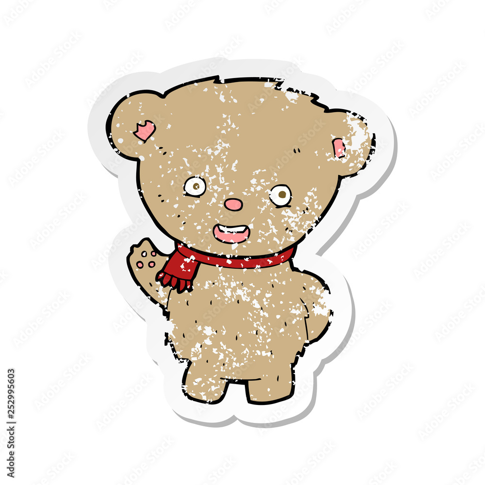 retro distressed sticker of a cartoon teddy bear waving retro distressed sticker of a cartoon teddy bear waving