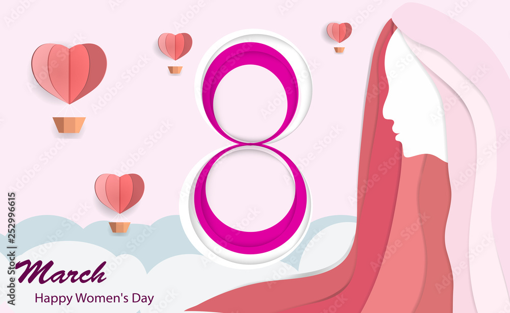 International Women's Day, March 8 with beautiful pink long haired women with a heart-shaped balloon in the sky Art paper, illustration - vector