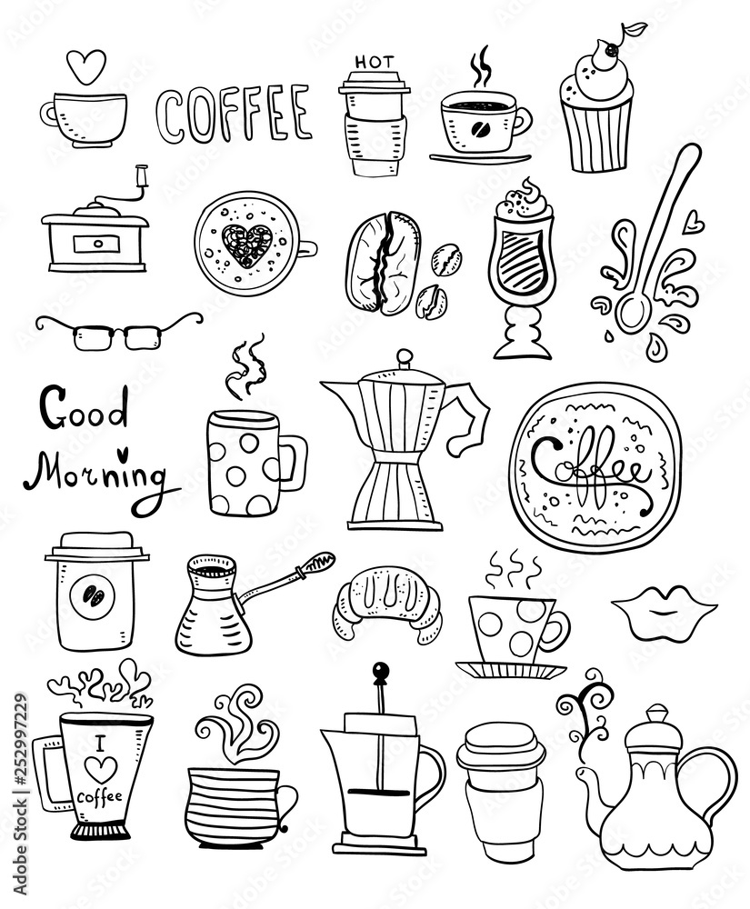 Doodle set of coffee drawings, handmade sketches. Doodle set of coffee drawings, handmade sketches.