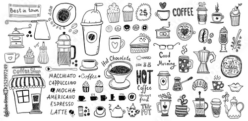 Doodle set of coffee drawings, handmade sketches.