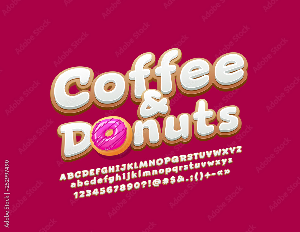 Vector bright label Coffee & Donuts. Stylish Alphabet Letters, Numbers and Symbols. Modern colorful Font. 