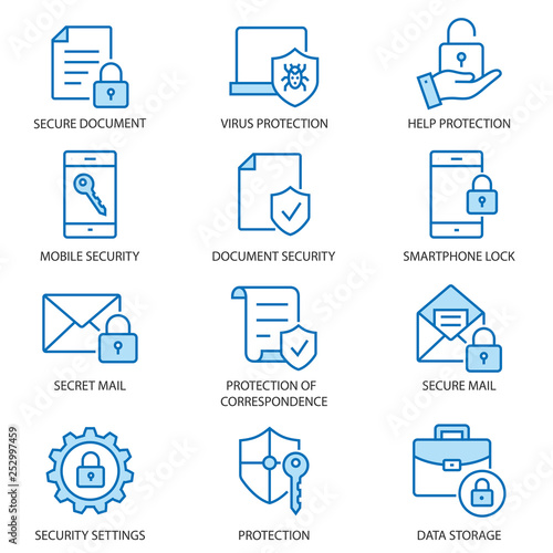 Data security flat line icon set. Vector illustration. Editable stroke.