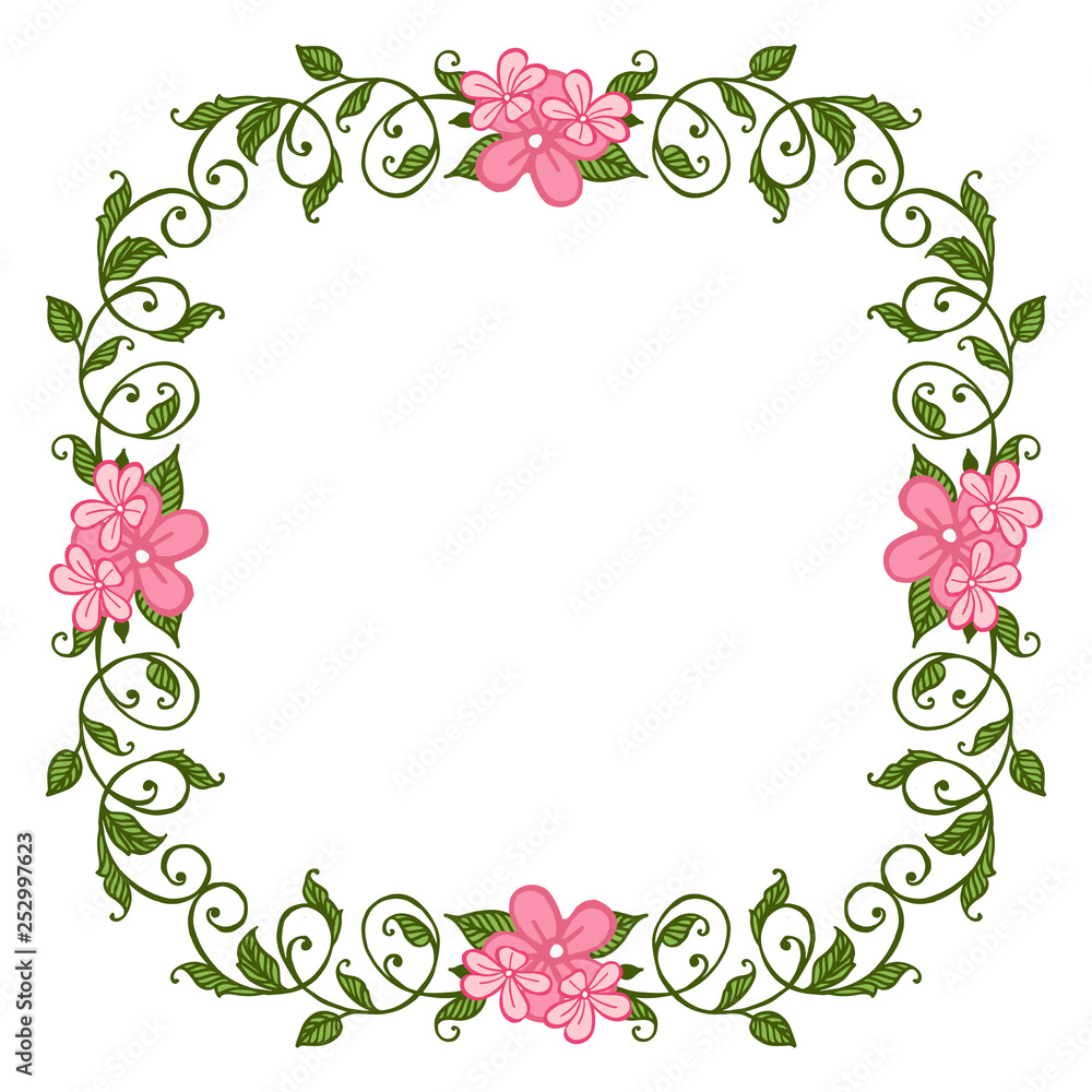 Vector illustration style frame flower pink leaf green beautiful hand drawn