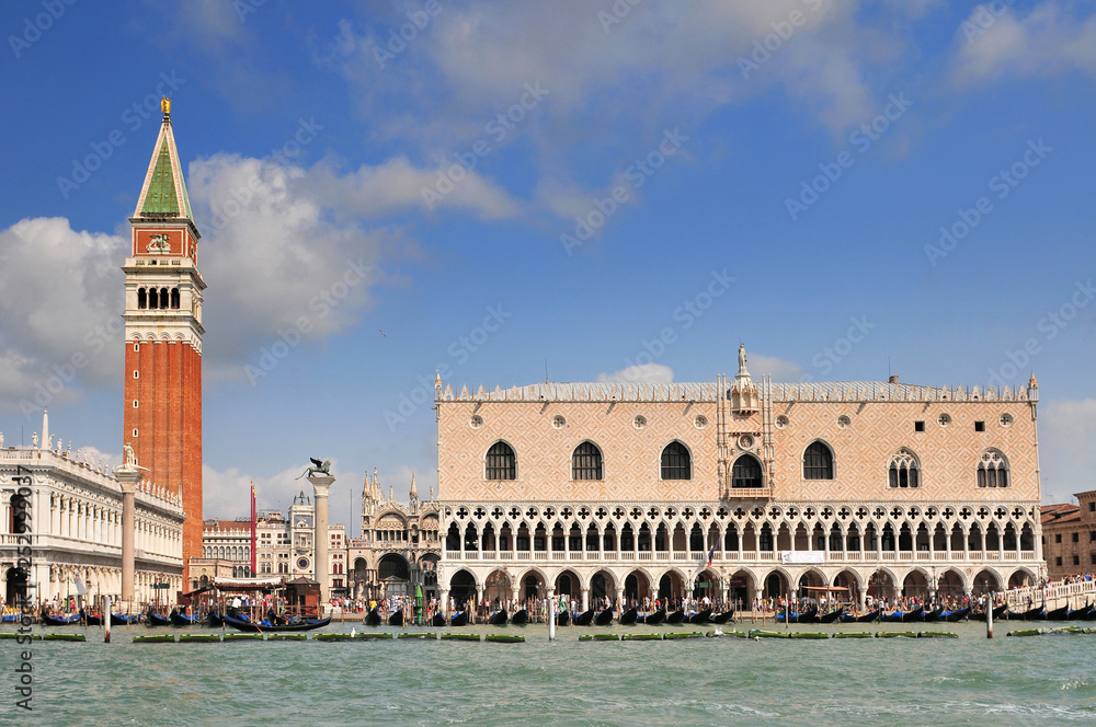 View from sea of Piazza San Marco Campanile and Ducale (Doge Palace). Venice Italy.