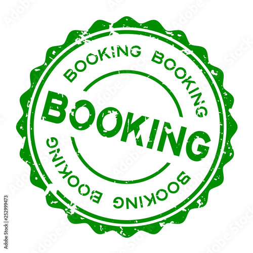 Grunge green booking word round rubber seal stamp on white background