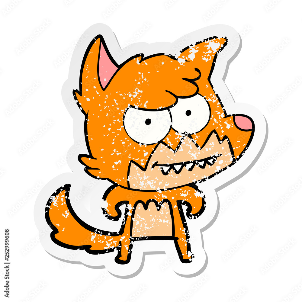 distressed sticker of a cartoon grinning fox distressed sticker of a cartoon grinning fox