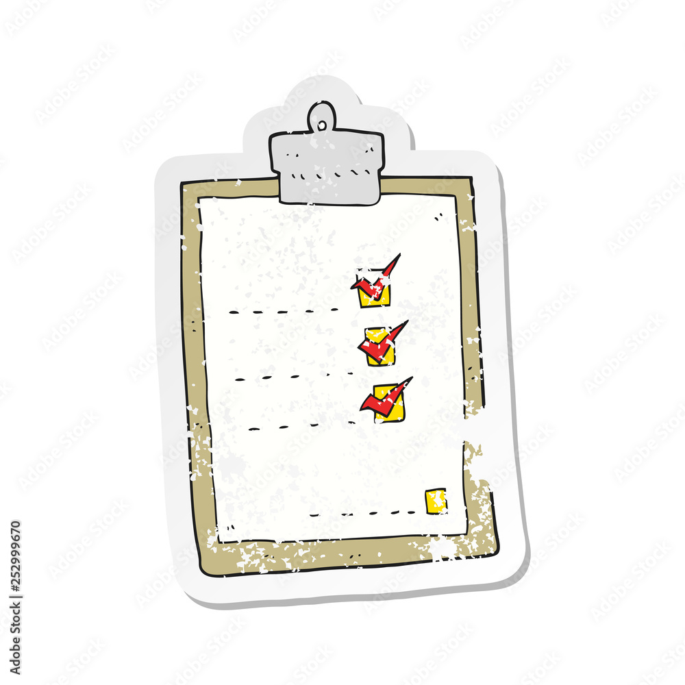 retro distressed sticker of a cartoon check list retro distressed sticker of a cartoon check list