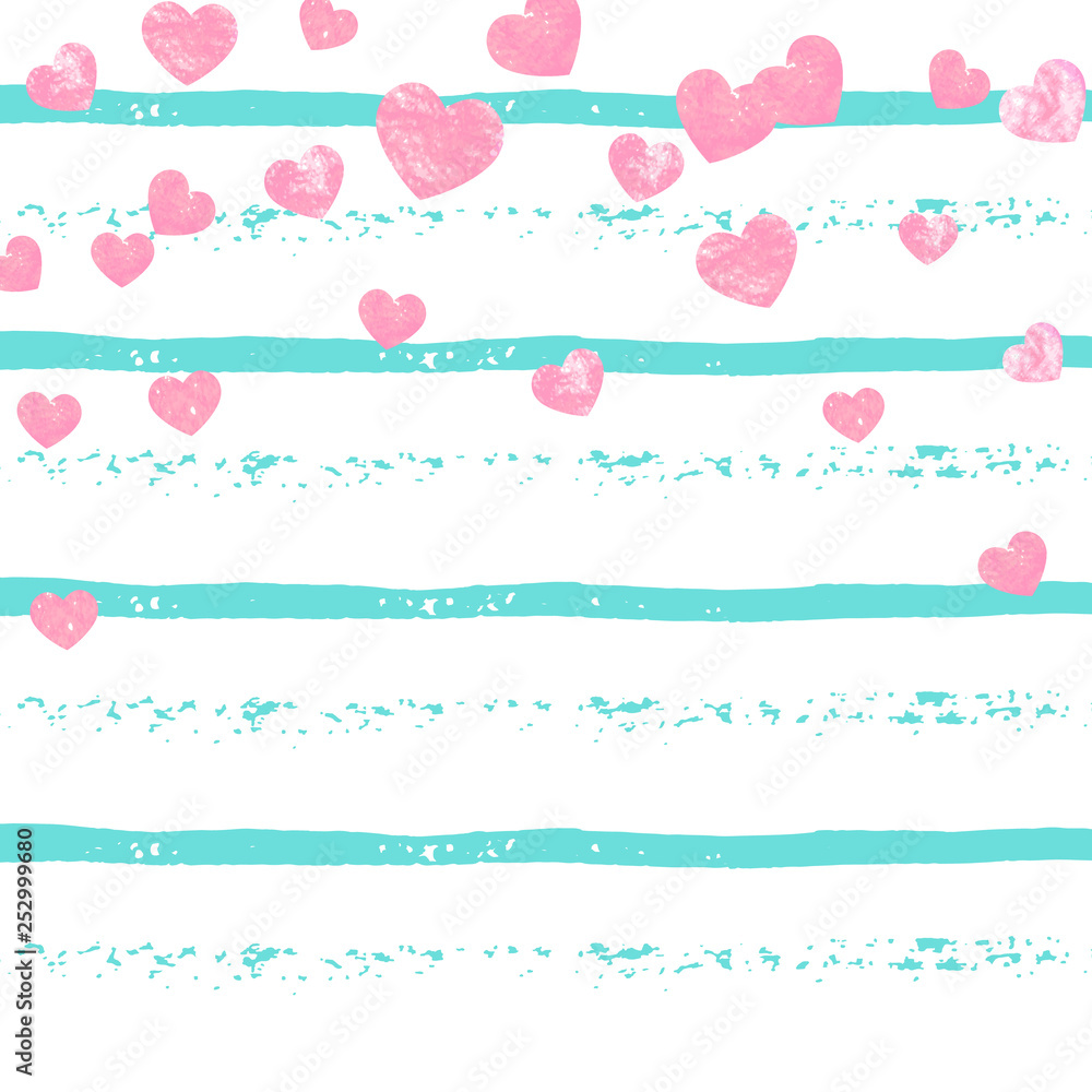 Pink glitter hearts confetti  on turquoise stripes. Random falling sequins with metallic shimmer. Design with pink glitter hearts for party invitation, event banner, flyer, birthday card.