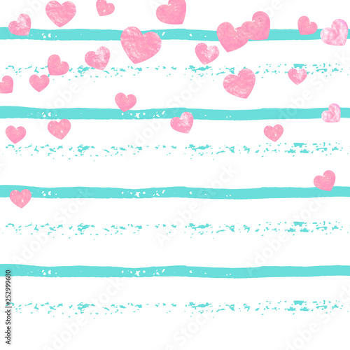 Pink glitter hearts confetti on turquoise stripes. Random falling sequins with metallic shimmer. Design with pink glitter hearts for party invitation, event banner, flyer, birthday card.