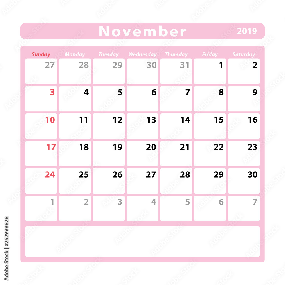 Calendar Sheet For The Month Of November 19 Pink Colour Stock Vector Adobe Stock