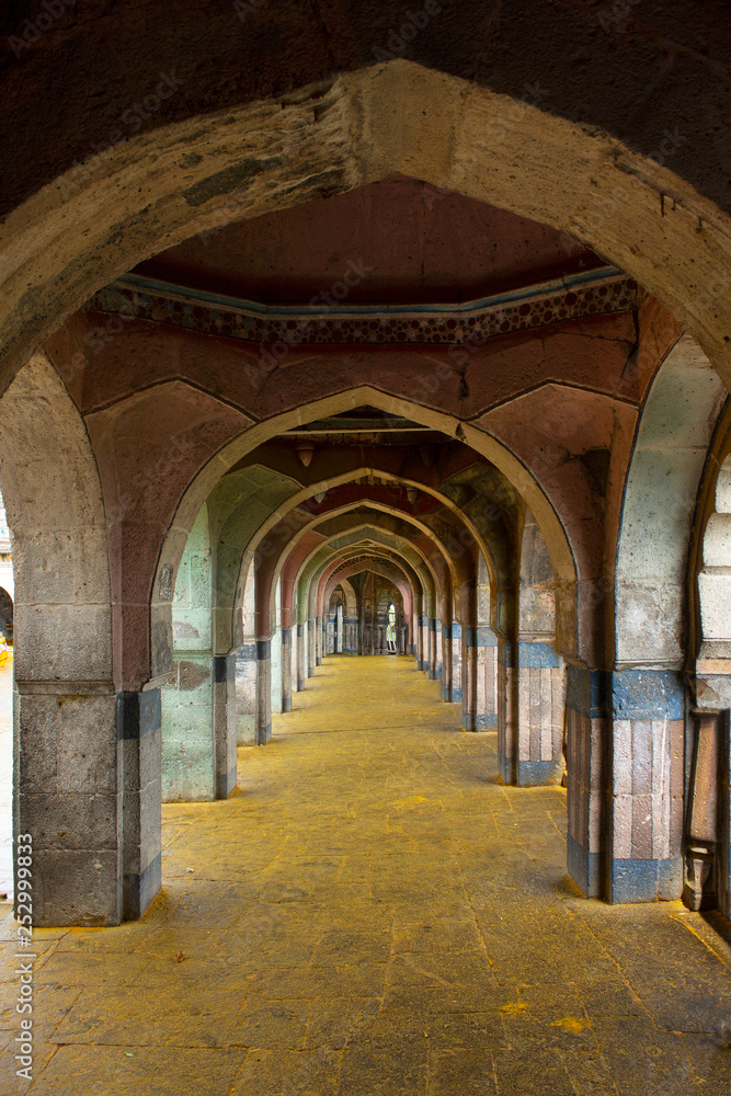 Pillared Corridor, Jejuri temple of Lord Khandoba, Pune District, Maharashtra, India.