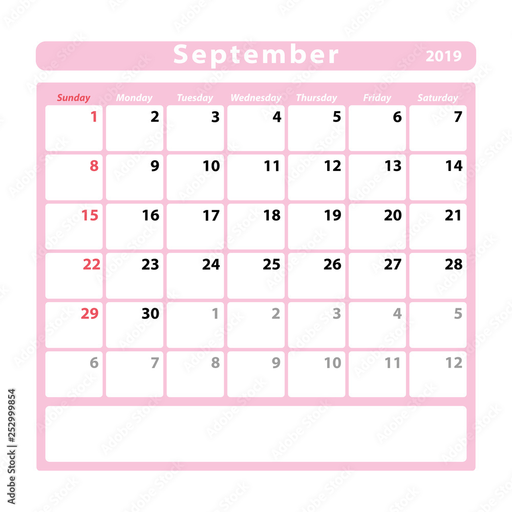 Calendar sheet for the month of september 2019, pink colour Stock Vector | Adobe Stock