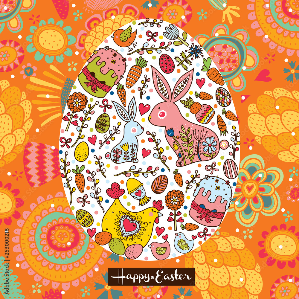Fototapeta premium Decorative Easter card with Easter egg. Rabbits, flowers, chicken, chickens and polka dots.