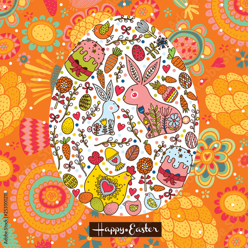 Decorative Easter card with Easter egg. Rabbits, flowers, chicken, chickens and polka dots.