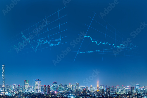 東京の夜景に金融をイメージしたグラフィック。チャート、株、FX、通貨、投資イメージ