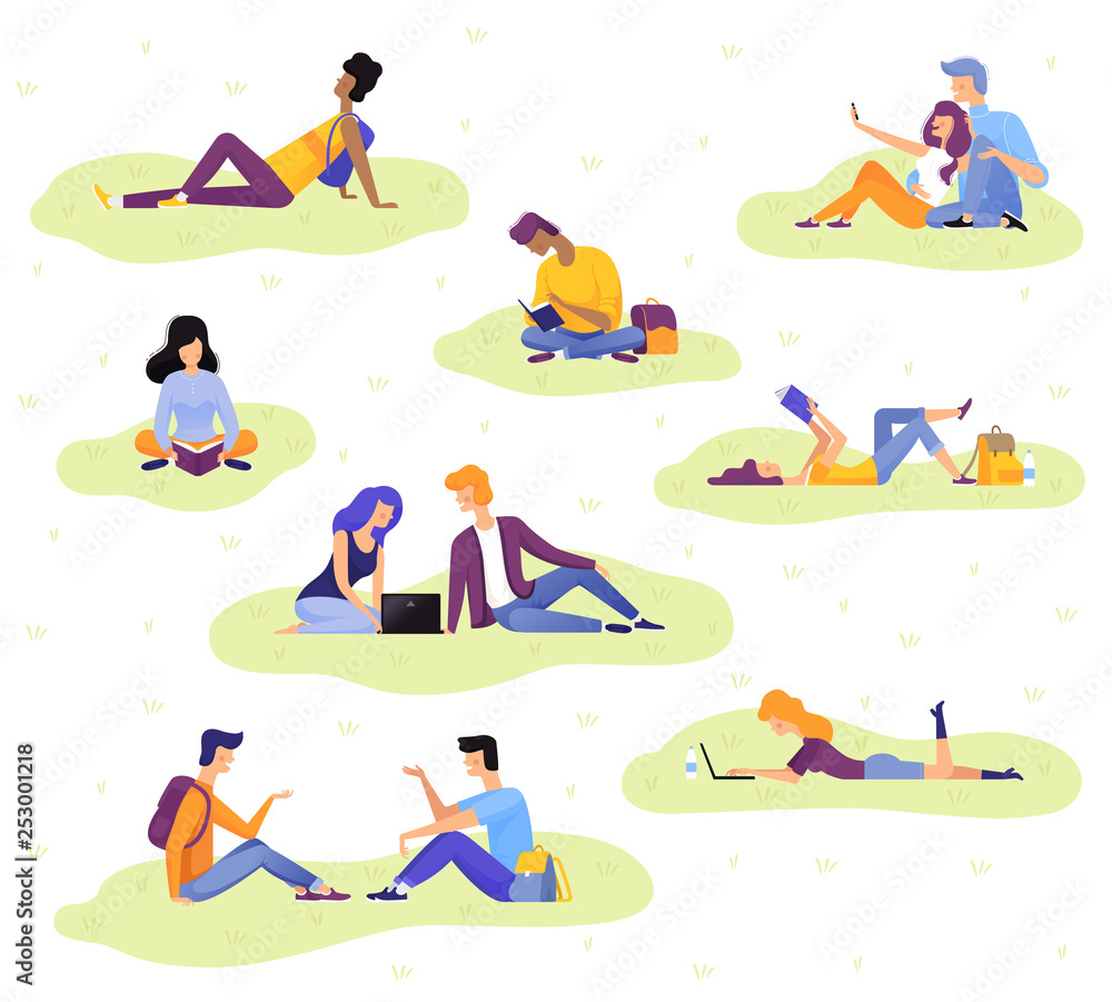 A collection of people on vacation and at work. People read books, make selfies, communicate, meditate. Vector illustration A collection of people on vacation and at work. People read books, make selfies, communicate, meditate. Vector illustration