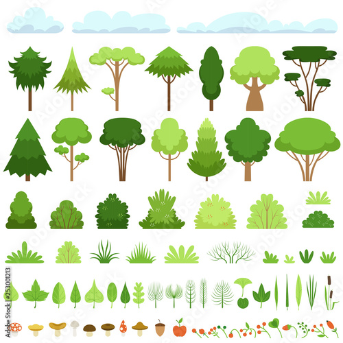 Set of different trees, bushes, grasses, leaves, mushrooms, apples, berries and clouds. Vector illustration.