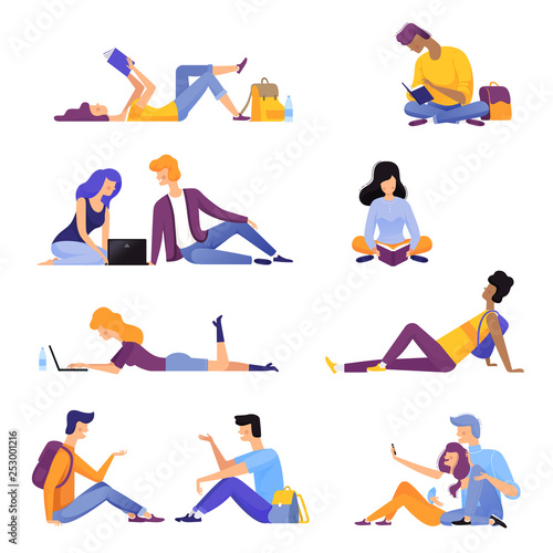 A collection of people on vacation and at work. People read books, make selfies, communicate, meditate. Vector illustration