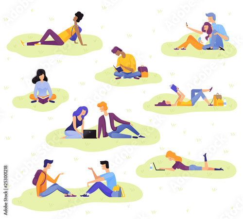 A collection of people on vacation and at work. People read books  make selfies  communicate  meditate. Vector illustration