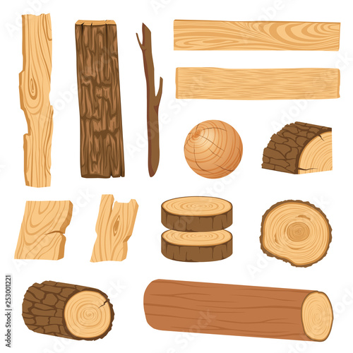 Set of icons of textured wooden boards, bars, and parts of a tree. Vector illustration