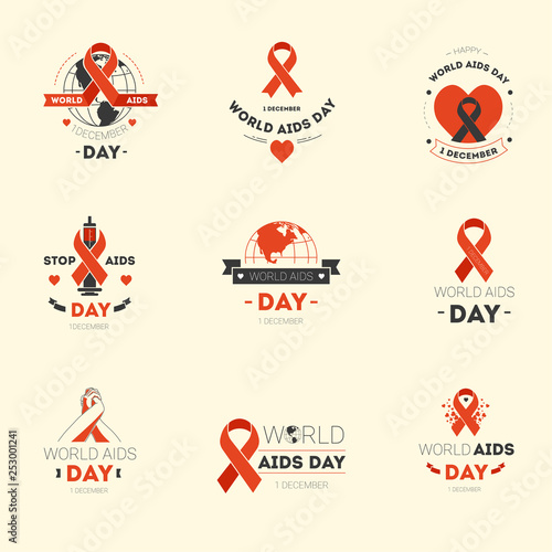 Aids day isolated icons disease fighting charity and support red stripe