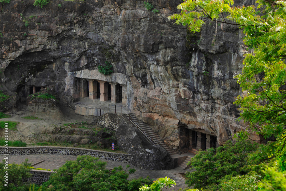 Facade of caves 5 , 6, 7,  Aurangabad caves, Eastern Group, Aurangabad, Maharashtra, India.