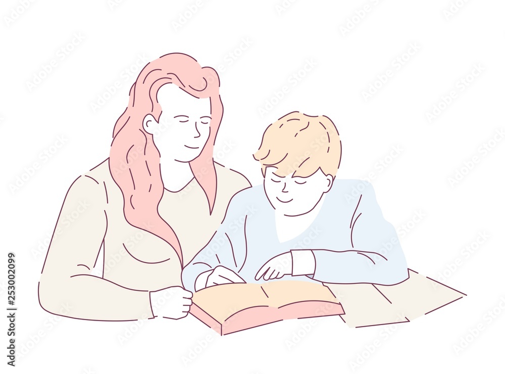Mother and son doing homework book and copybook home education Mother and son doing homework book and copybook home education