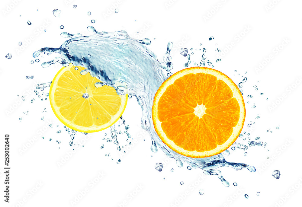 orange and lemon with water splash isolated on white