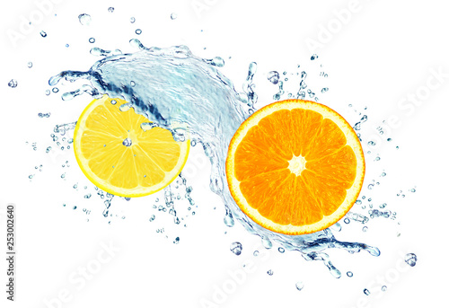 orange and lemon with water splash isolated on white