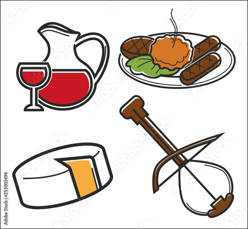 Traveling Montenegro food and drink with musical instrument vector homemade wine jug and glass cutlets with squash caviar cheese head and gusle dishes and beverage national music journey or vacation