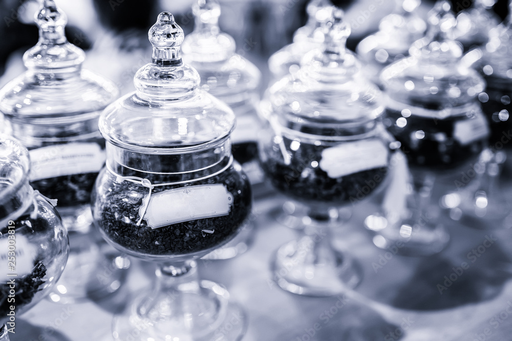 Toned BW photo of degustation tea in the store Toned BW photo of degustation tea in the store