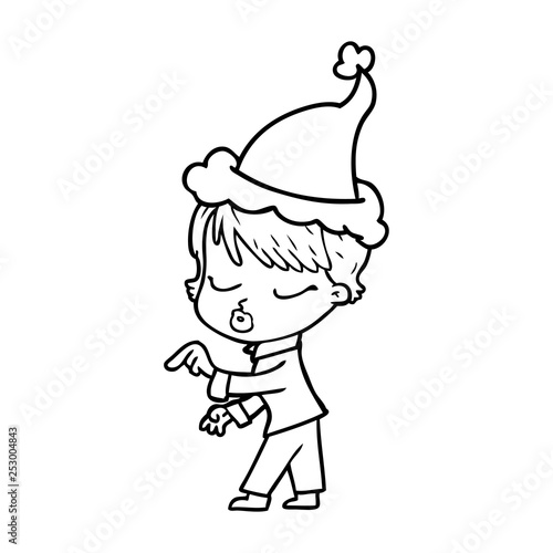 line drawing of a woman with eyes shut wearing santa hat