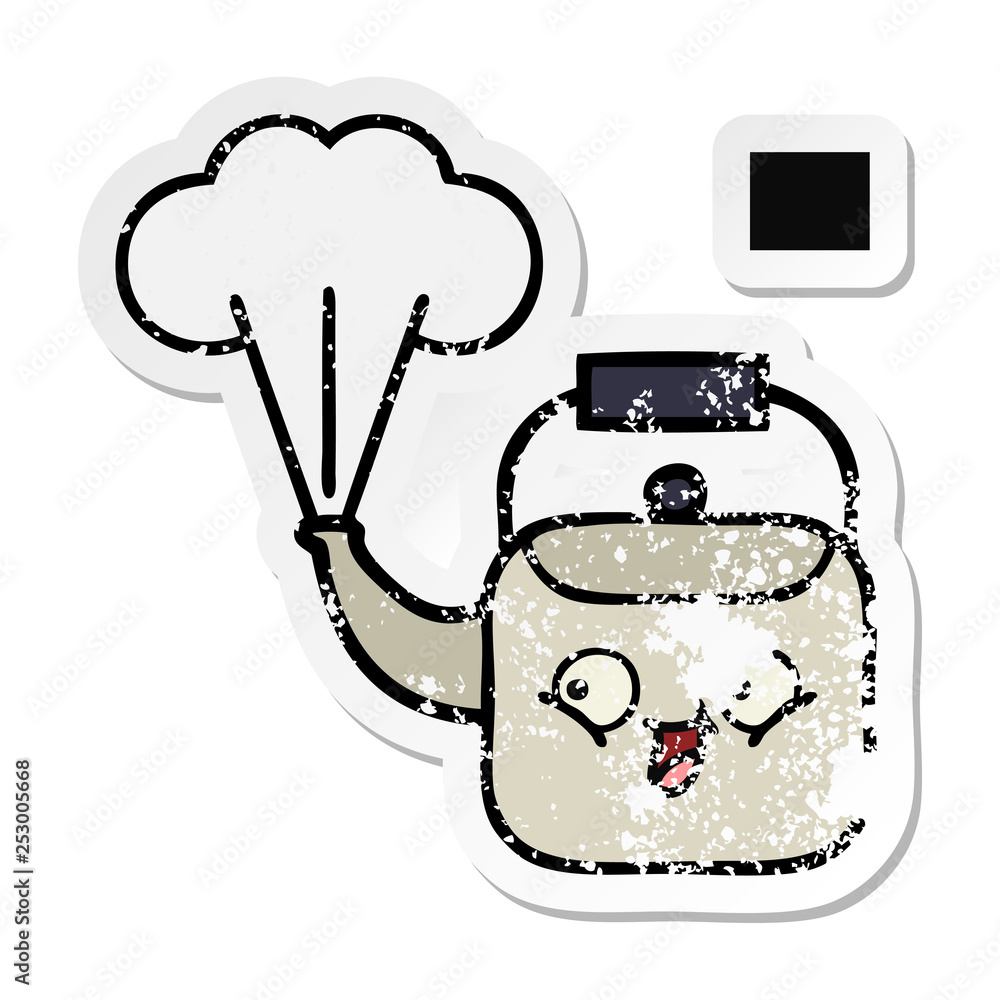 distressed sticker of a cute cartoon steaming kettle distressed sticker of a cute cartoon steaming kettle