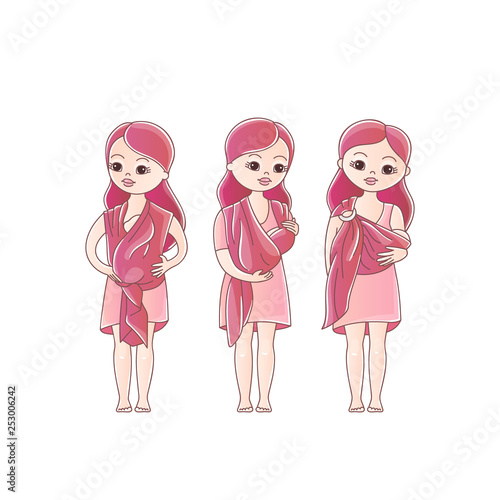 Group of happy mothers with children in baby sling. Moms with kids. Vector illustration illustration on white background