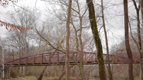 Rusty foot bridge over a river in a forest in autumn