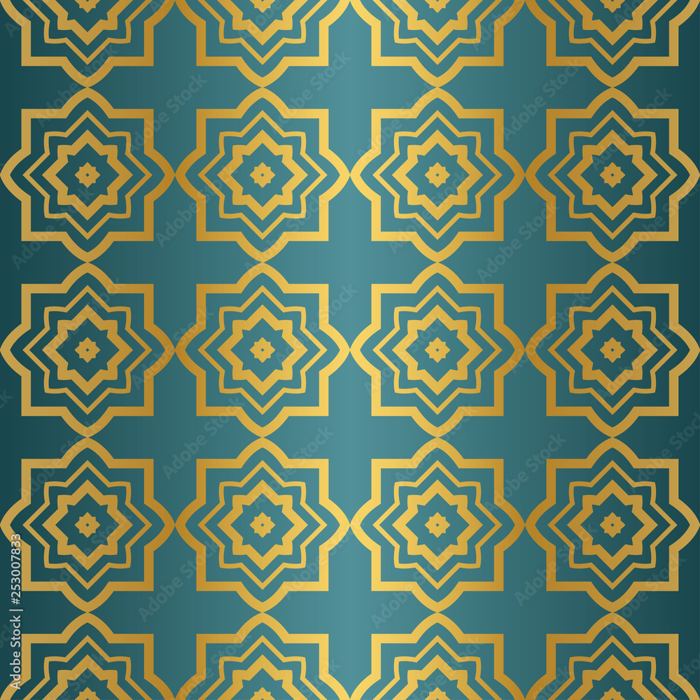 Ornamental Design. Modern Seamless Geometry Pattern. Vector Illustration. For Interior Design, Printing, Web And Textile Design. Gold blue color