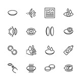 Simple icon set vision, eyesight, ophthalmology and eyes care concept. Contains such symbols contact lenses, vision diagnostics, eye drops and other.