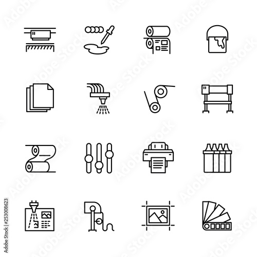 Printing house simple icon set. Contains such symbols printer, scanner, offset machine, plotter, brochure, rubber stamp. Polygraphy office, typography concept.