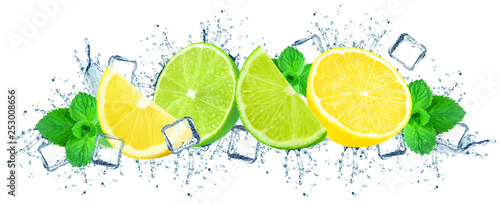 lime and lemon with water splash isolated on white