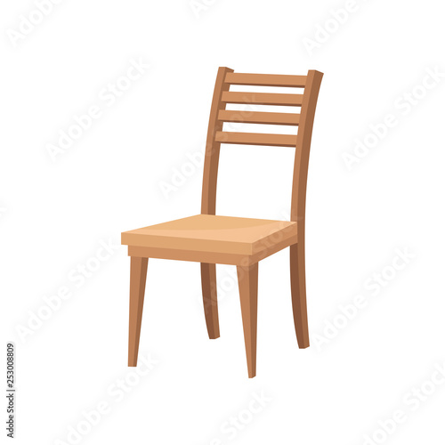 Brown wooden chair with backrest and soft beige seat. Furniture for dining room. Flat vector design
