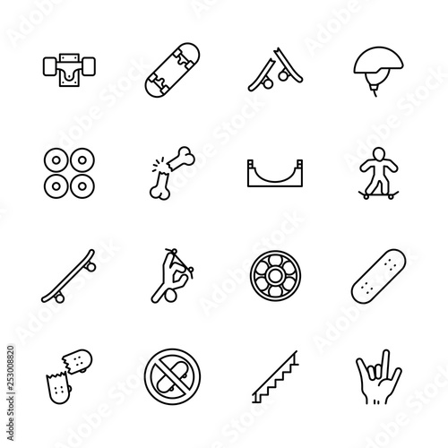 Simple icon set skateboarding and youth sport. Contains such symbols skateboard, wheels, extreme sports, injuries, stunts, skills.